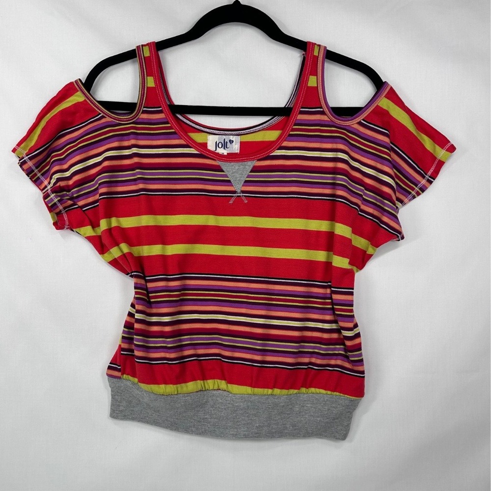 Vintage Jolt Cold Shoulder Striped Top – Y2K Banded Hem Striped Tee (M)